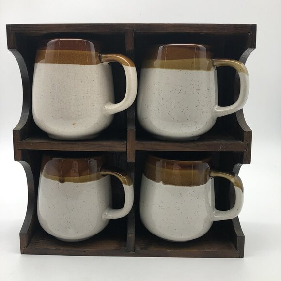 Vintage Wood Coffee Mug Display Case With 4 Stoneware Mugs Wall Hanging Shelf - Picture 1 of 16